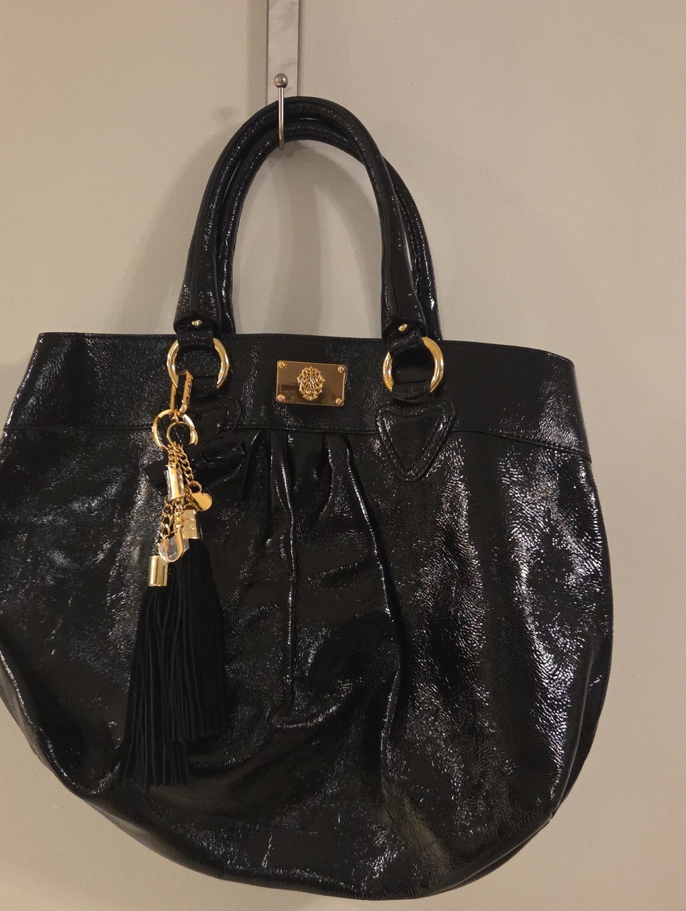 Just Cavalli Black Patent Tote Gold Tassel Bag